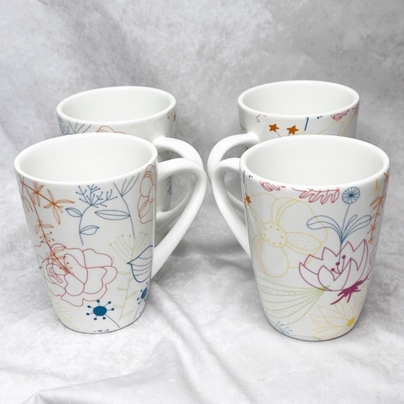 PIER 1‎ Coffee Cup Set of 4 Dolomite Floral Collection Multicolor Flowers White - Picture 1 of 13